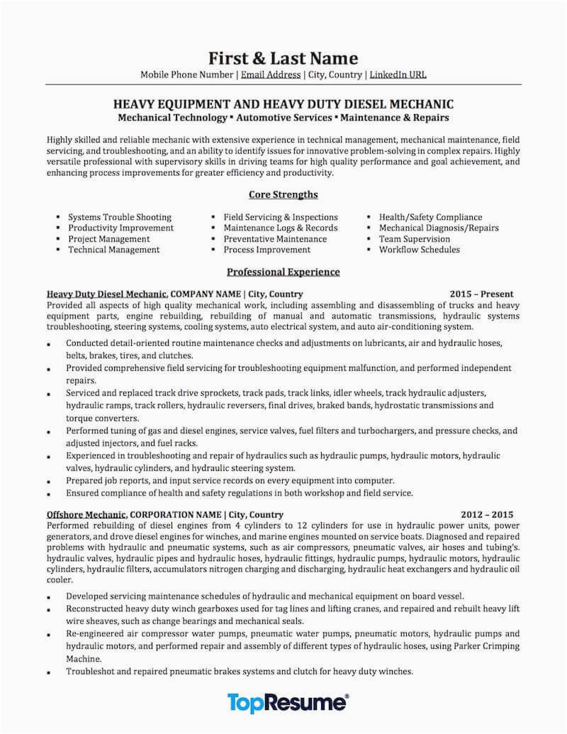 Heavy Duty Mechanic Apprentice Resume Sample Mechanic Resume Sample