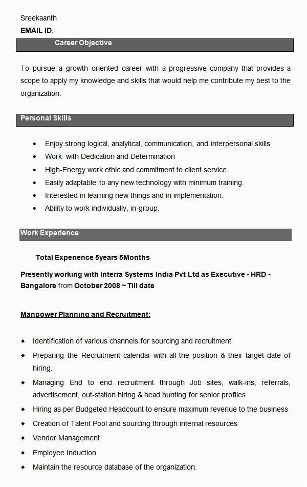 Hr Executive Resume Sample In India Free 26 Hr Resume Templates In Ms Word Pages Pdf