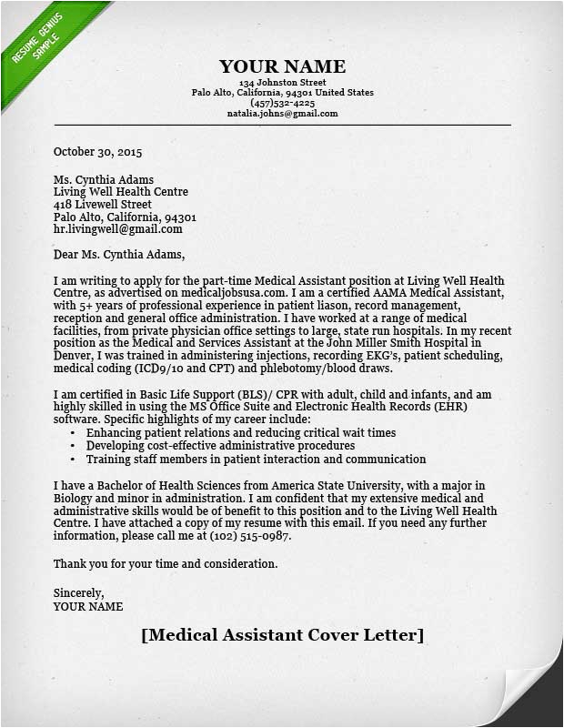 Medical assistant Resume Cover Letter Samples Medical assistant Cover Letter
