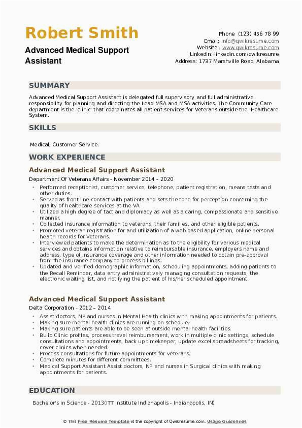 Medical Support assistant Federal Resume Sample Advanced Medical Support assistant Resume Samples
