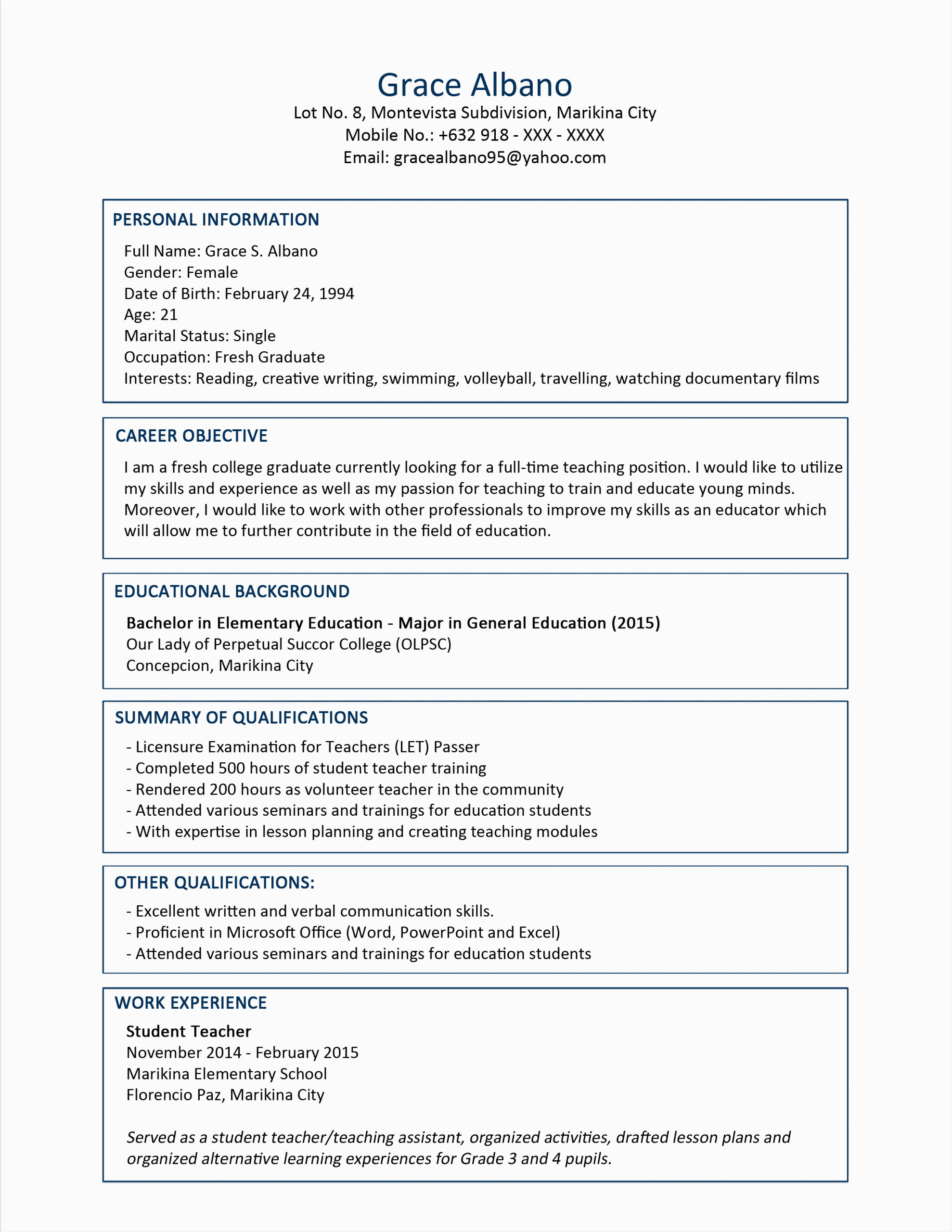 Medtech Resume Sample Philippines Fresh Graduate Sample Resume format for Fresh Graduates Two Page format