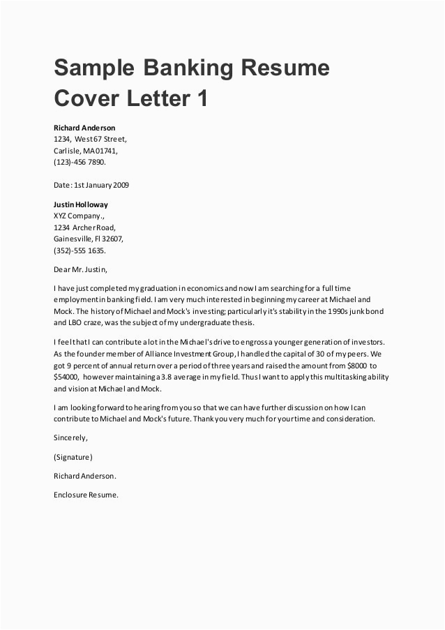 Resume Cover Letter Sample for Bank Job Sample Banking Resume Cover Letter