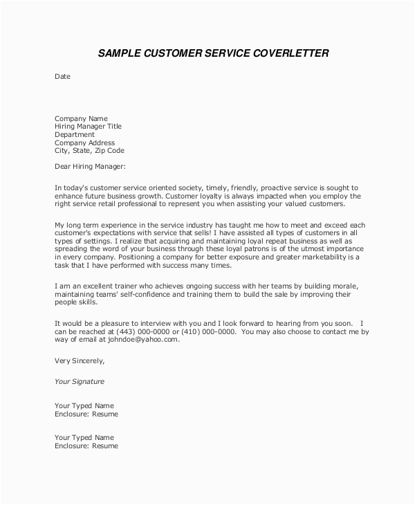 Resume Cover Letter Sample for Customer Service Representative Free 7 Sample Customer Service Cover Letter Templates In