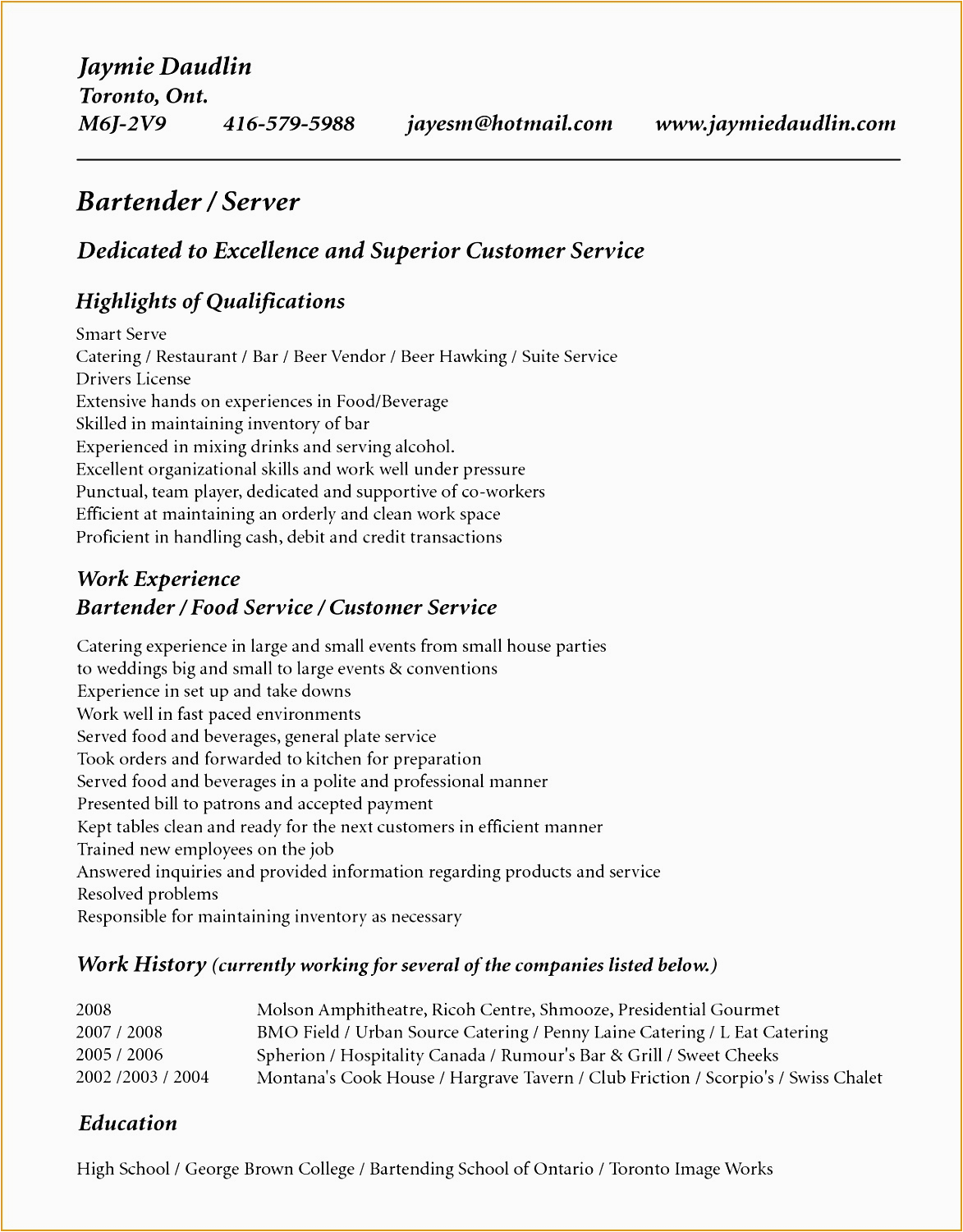 Sample Bartending Resume with No Experience 7 Bartender Resume No Experience