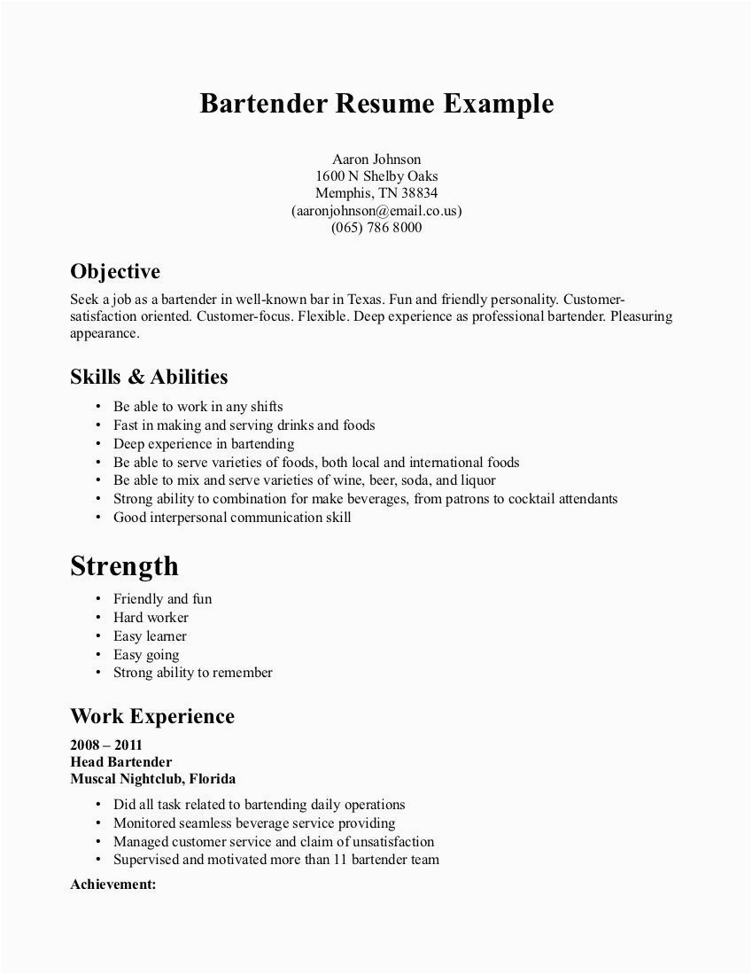 Sample Bartending Resume with No Experience Resume Examples Bartender