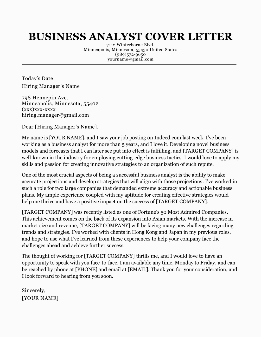 Sample Business Cover Letter for Resume Business Analyst Cover Letter Sample