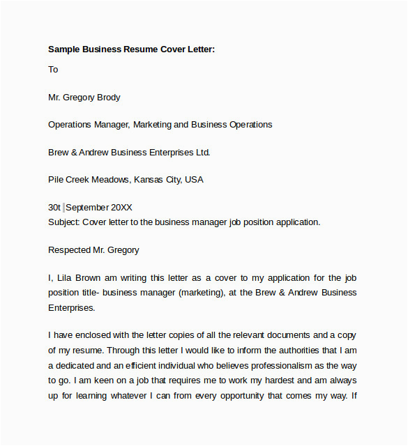 Sample Business Cover Letter for Resume Free 7 Business Cover Letter Pdf