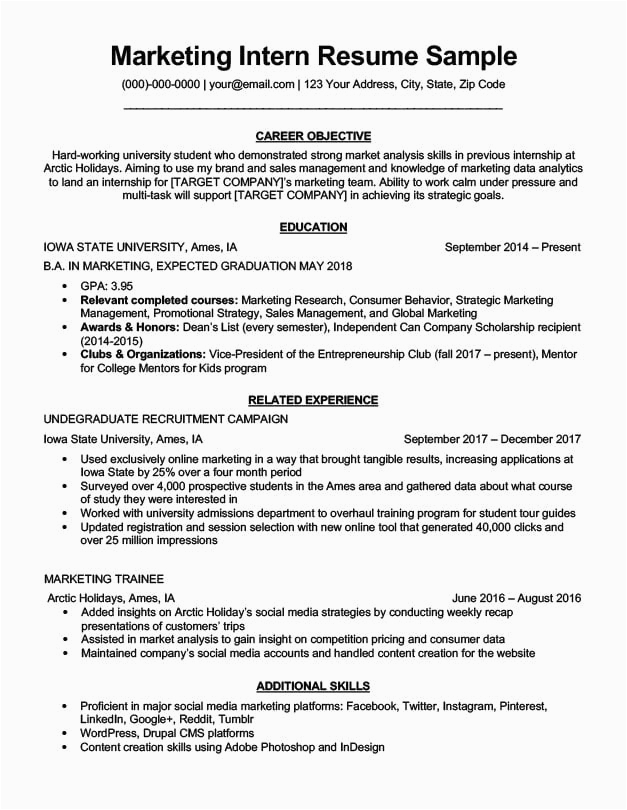 Sample Career Objective for Resume for Internship Marketing Intern Resume Sample & Writing Tips