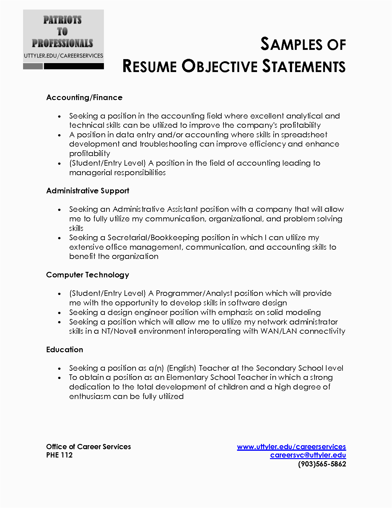 Sample Career Objectives Examples for Resumes Resume Objective Statement