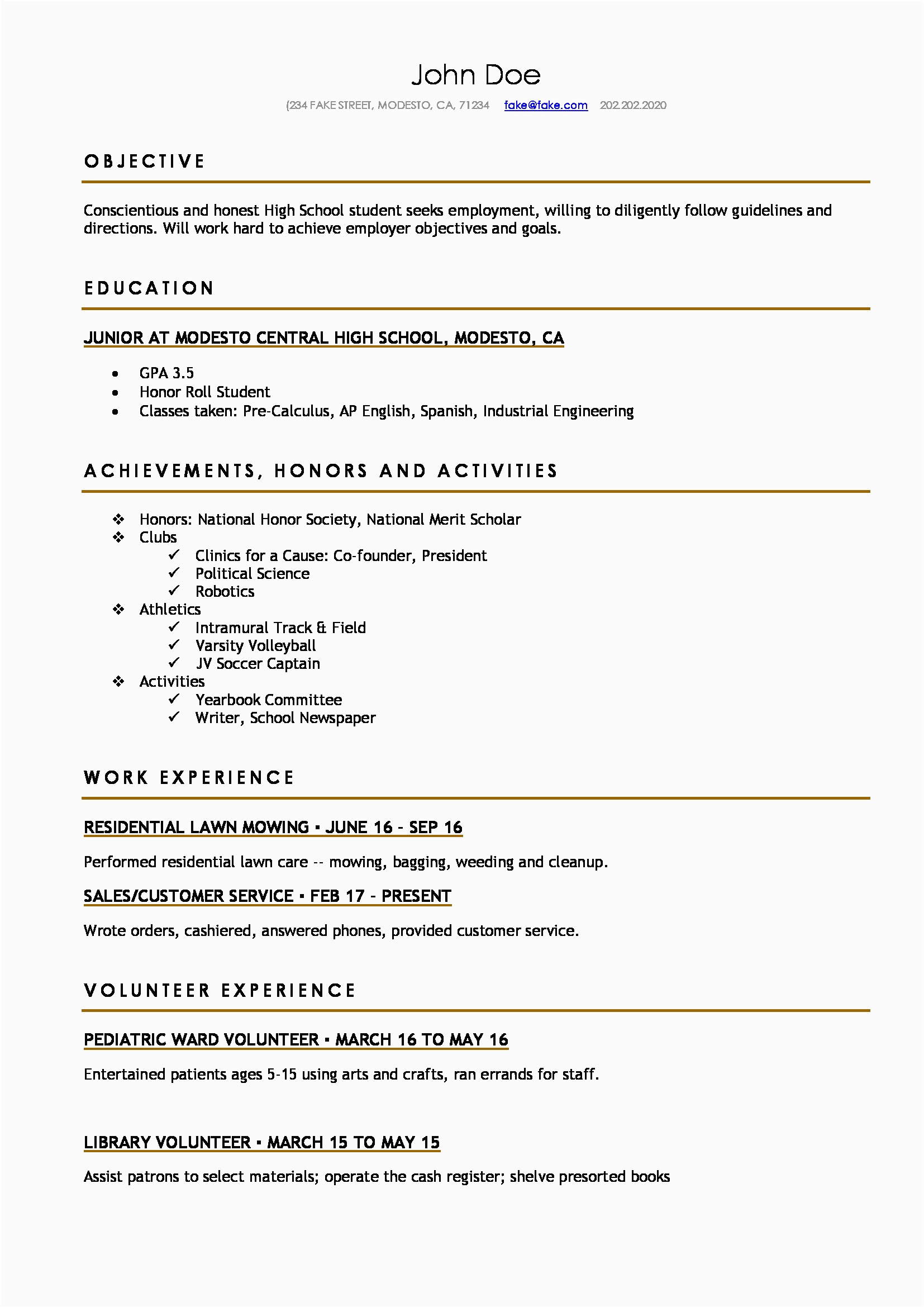 Sample High School Student Resume for College High School Resume Resume Templates for High School