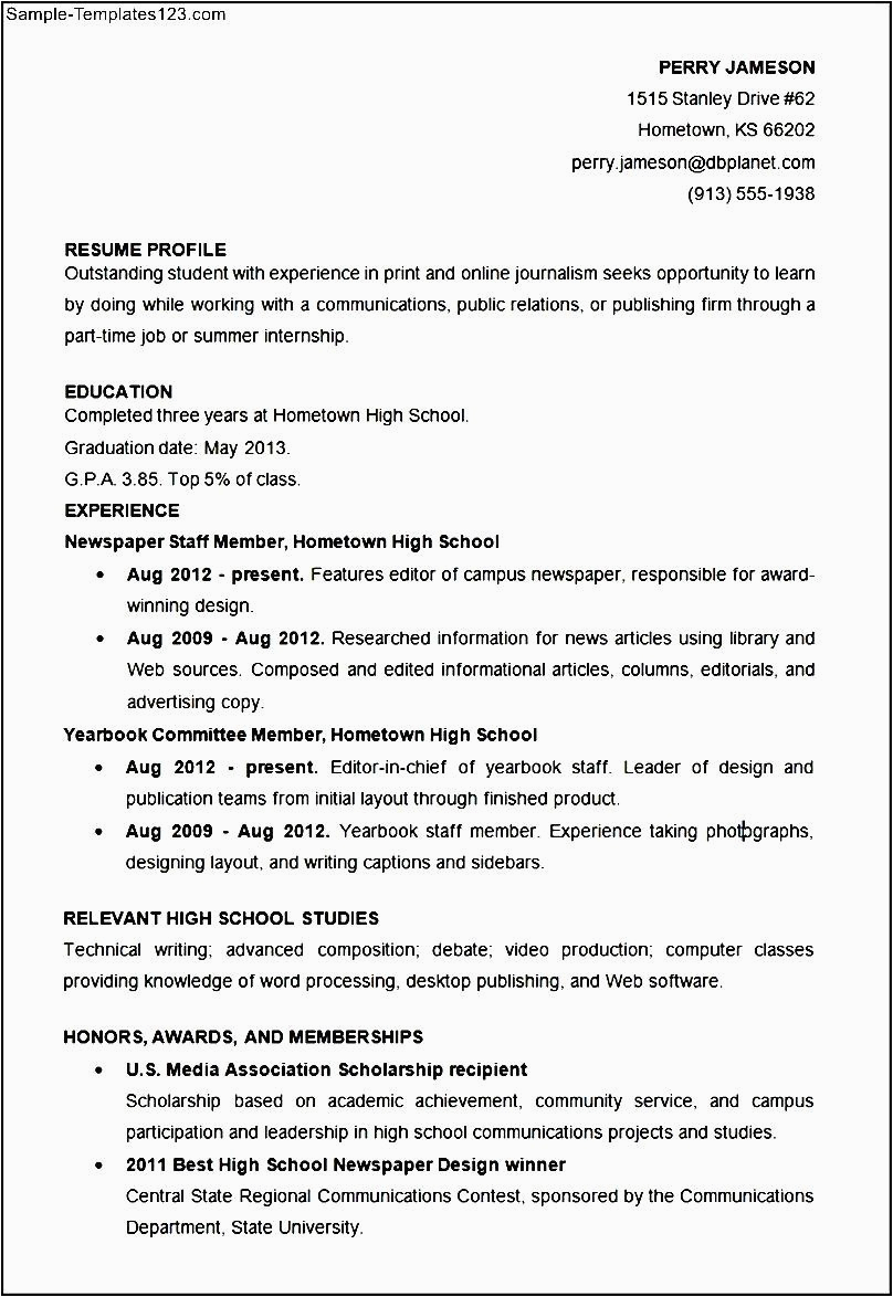 Sample High School Student Resume for College Sample High School Student Resume Template Sample Templates