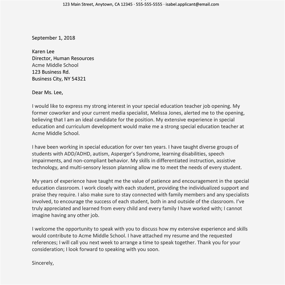 Sample Resume Cover Letter for Special Education Teacher Special Education Cover Letter Example and Writing Tips