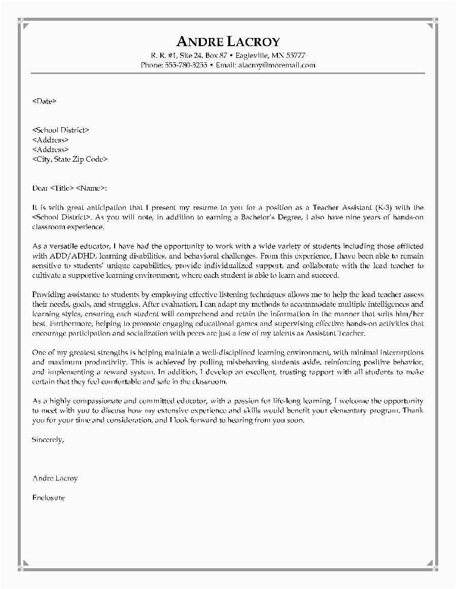 Sample Resume Cover Letter for Teacher assistant Teacher assistant Letter Of Introduction
