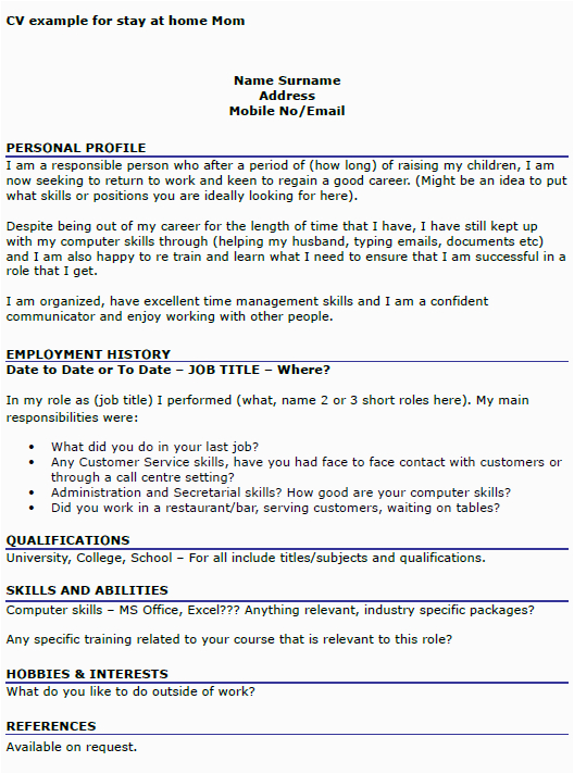 Sample Resume Cover Letter Stay at Home Mom Cv Example for Stay at Home Mom