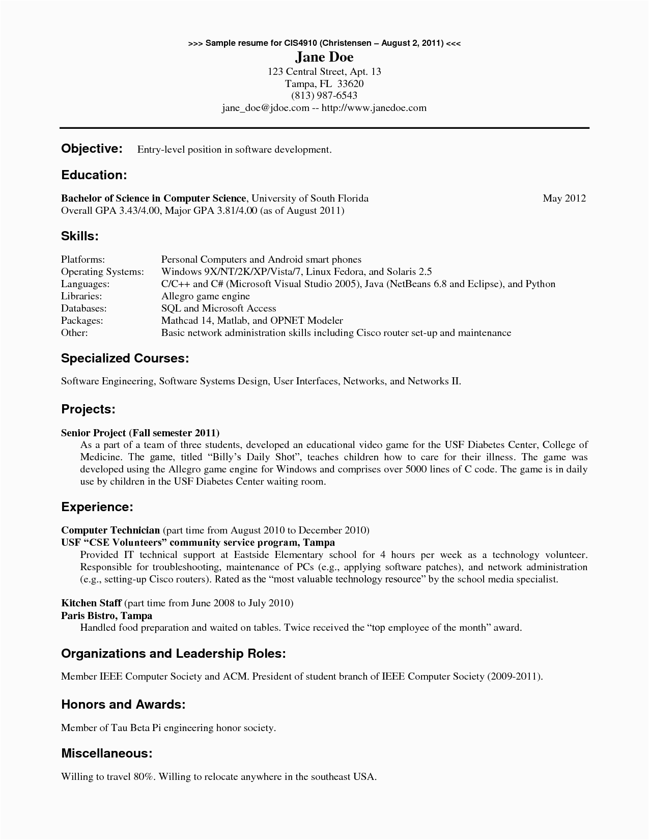 Sample Resume Entry Level Computer Science 12 13 Sample Puter Science Resume Lascazuelasphilly