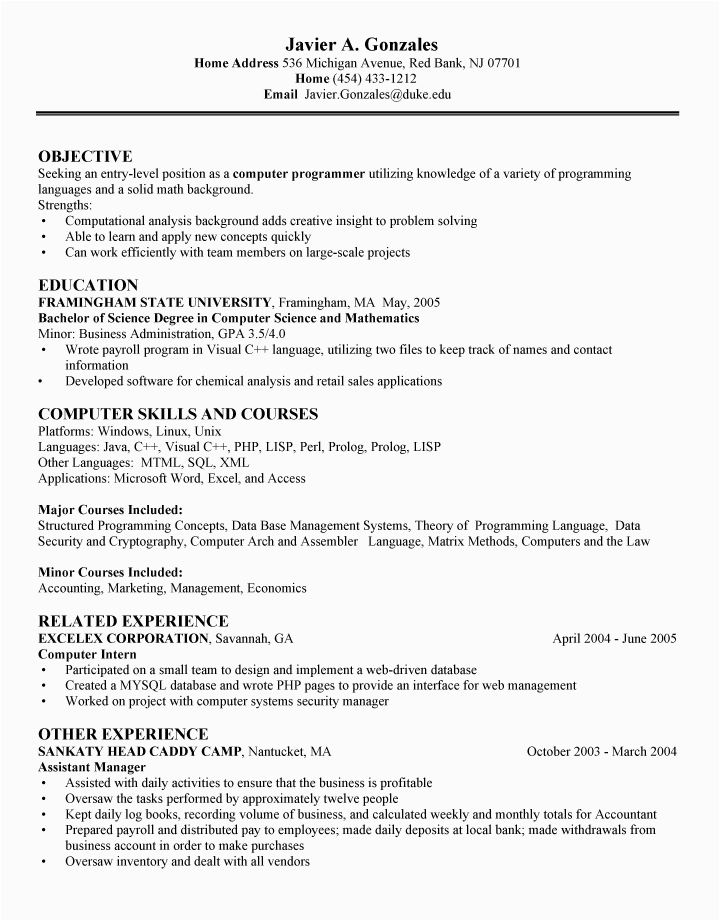 Sample Resume Entry Level Computer Science Puter Science Entry Level Resume