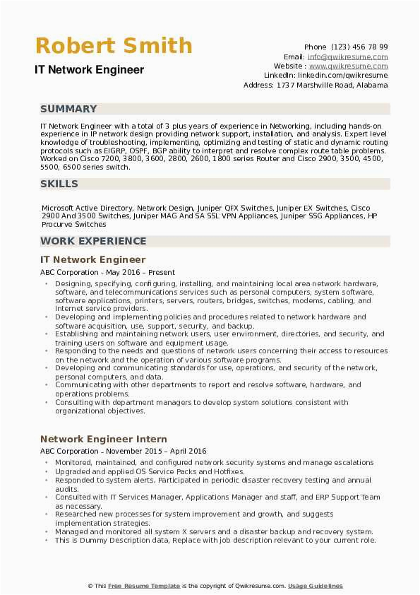 Sample Resume for 1 Year Experience In Network Engineer Network Engineer Resume Samples
