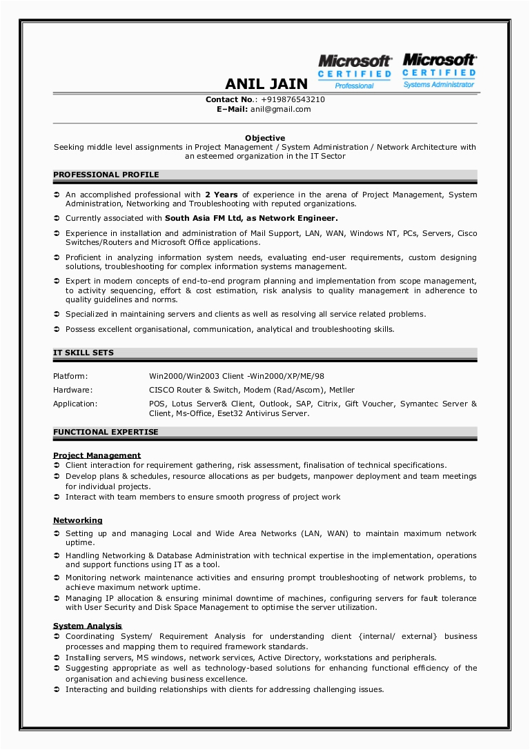 Sample Resume for 1 Year Experience In Network Engineer Sample Network Engineer Resume