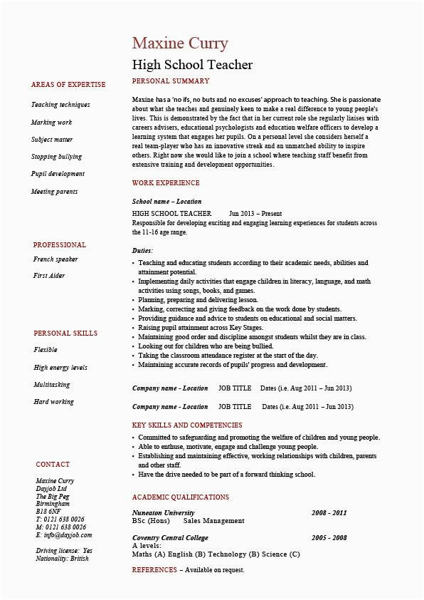 Sample Resume for A High School Teacher High School Teacher Resume Template Example Sample