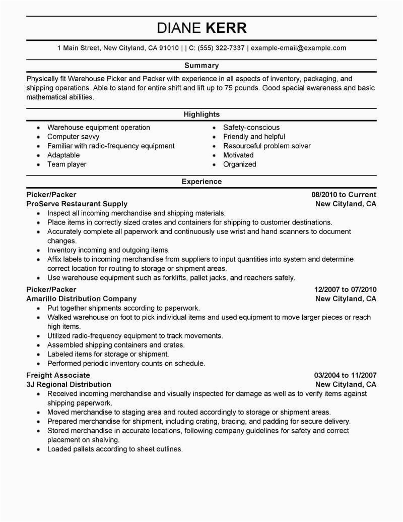 Sample Resume for A Mover and Packer Best Picker and Packer Resume Example From Professional