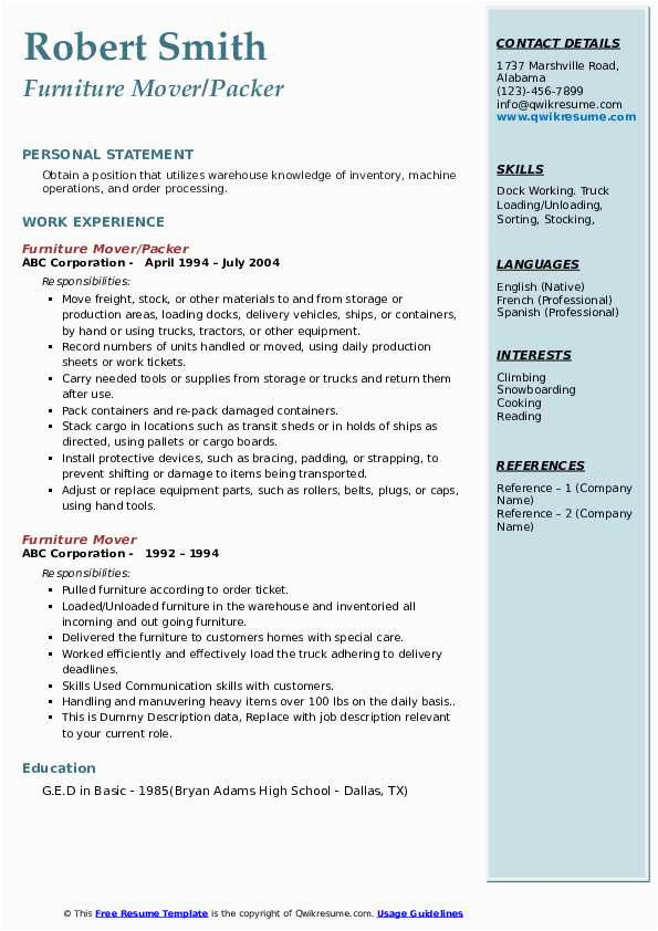 Sample Resume for A Mover and Packer Furniture Mover Resume Samples