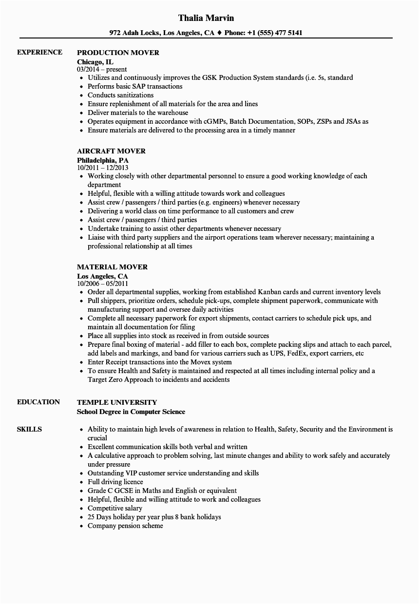 Sample Resume for A Mover and Packer Mover Resume Samples