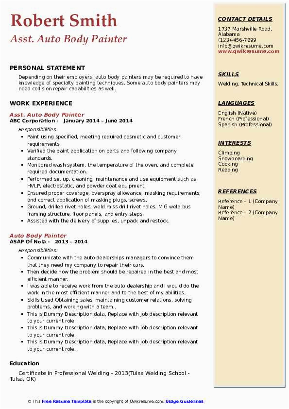Sample Resume for Auto Body Painter Auto Body Painter Resume Samples