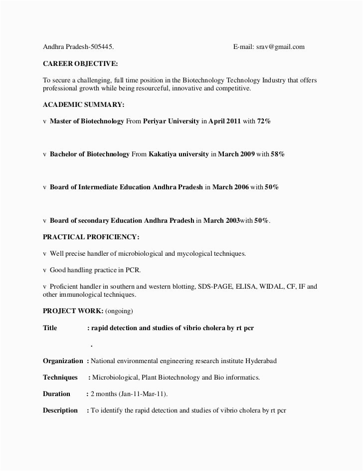 Sample Resume for Bsc Biotechnology Freshers Biotechnology Biotech Resume Sample Best Resume Examples