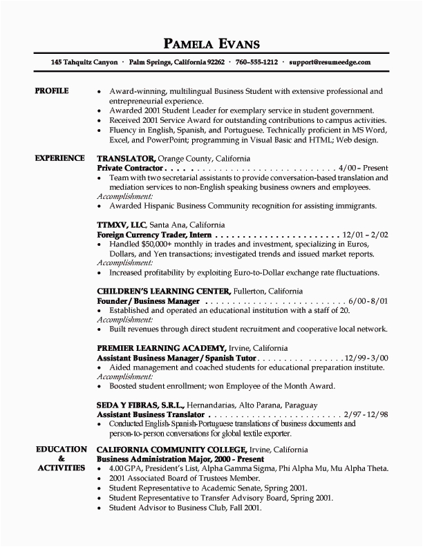 Sample Resume for Business College Student Business Student Resume