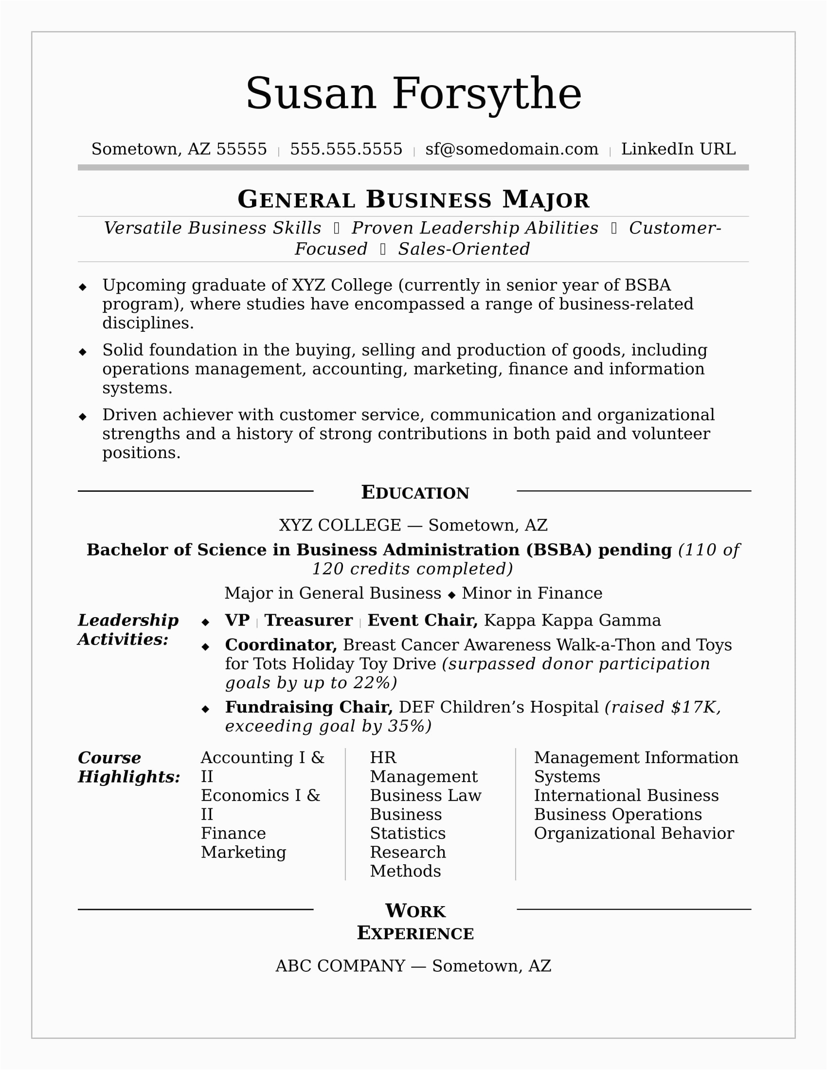 Sample Resume for Business College Student College Resume