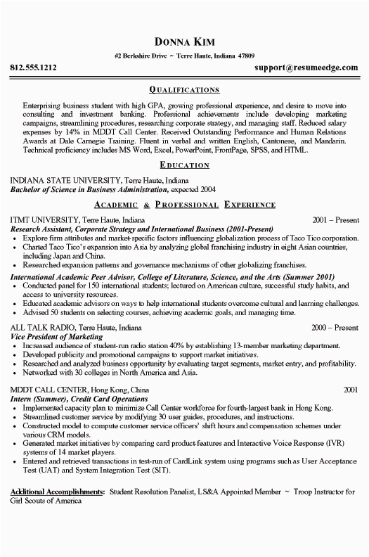 Sample Resume for Business College Student College Student Resume Example Business and Marketing