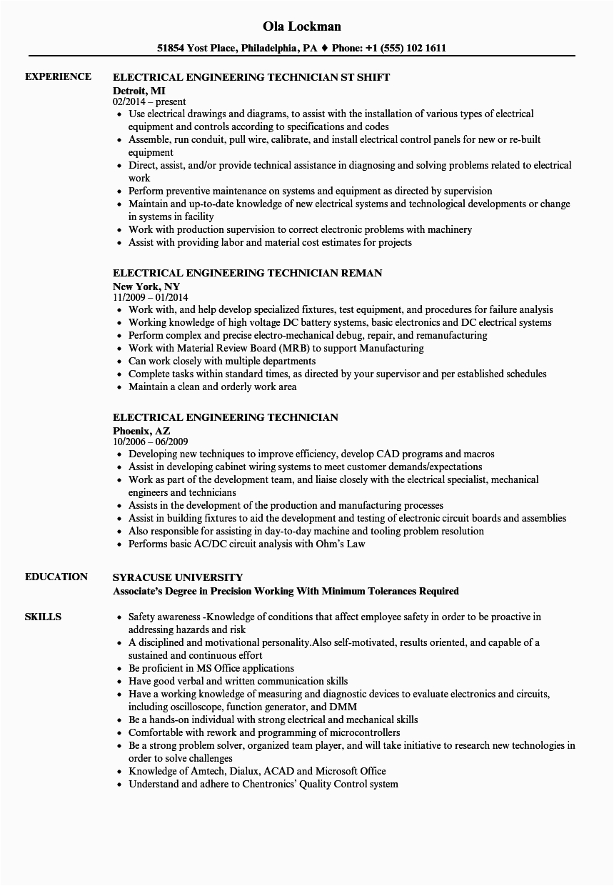 Sample Resume for Electrical and Electronics Engineer 12 Electrical Technician Resume Example Radaircars