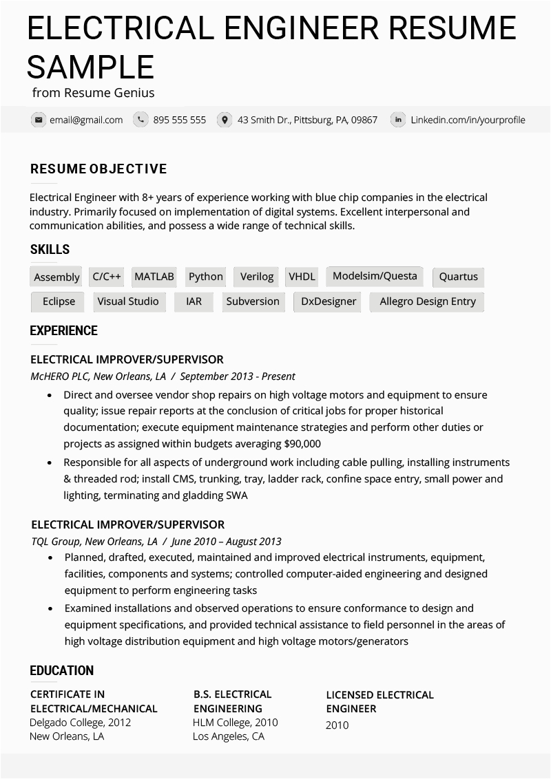 Sample Resume for Electrical and Electronics Engineer Electrical Engineer Resume Example & Writing Tips