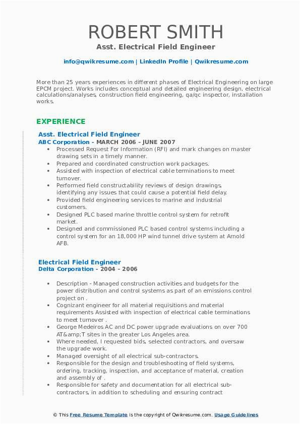 Sample Resume for Electrical Engineer In Construction Field Electrical Field Engineer Resume Samples