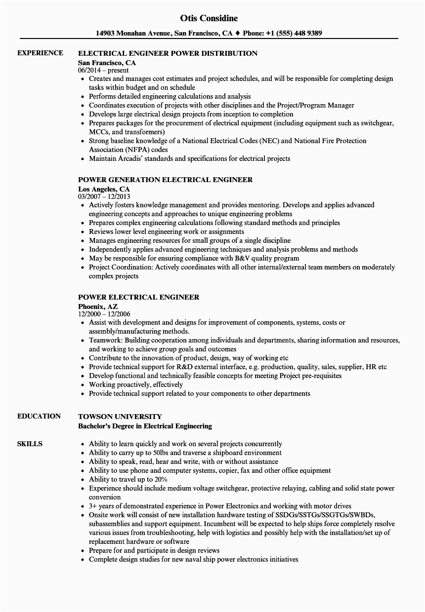 Sample Resume for Electrical Engineer In Power Plant Power Electrical Engineer Resume Samples
