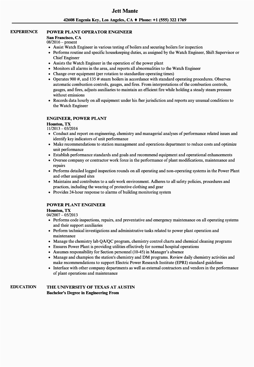 Sample Resume for Electrical Engineer In Power Plant Power Plant Engineer Resume Samples