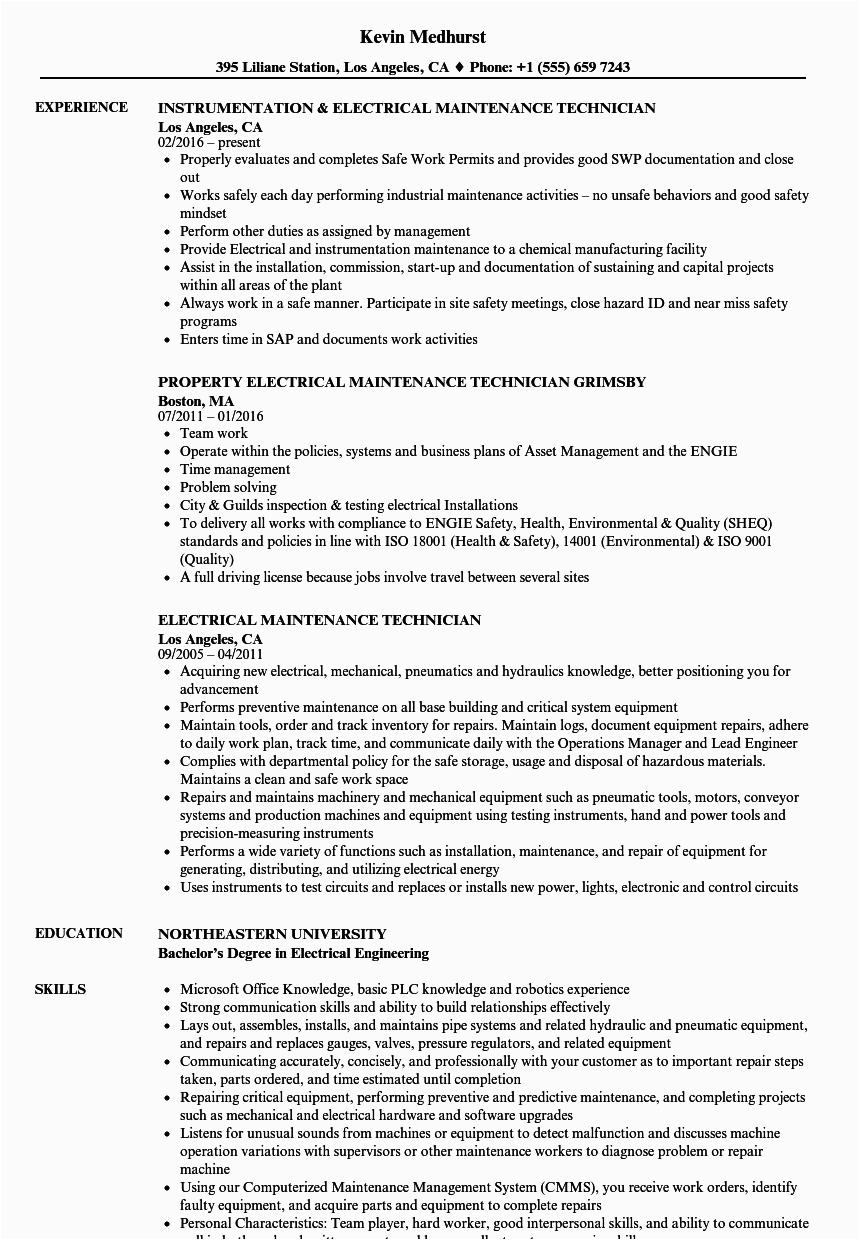 Sample Resume for Electrical Maintenance Technician Pdf 12 Electrical Technician Resume Example Radaircars