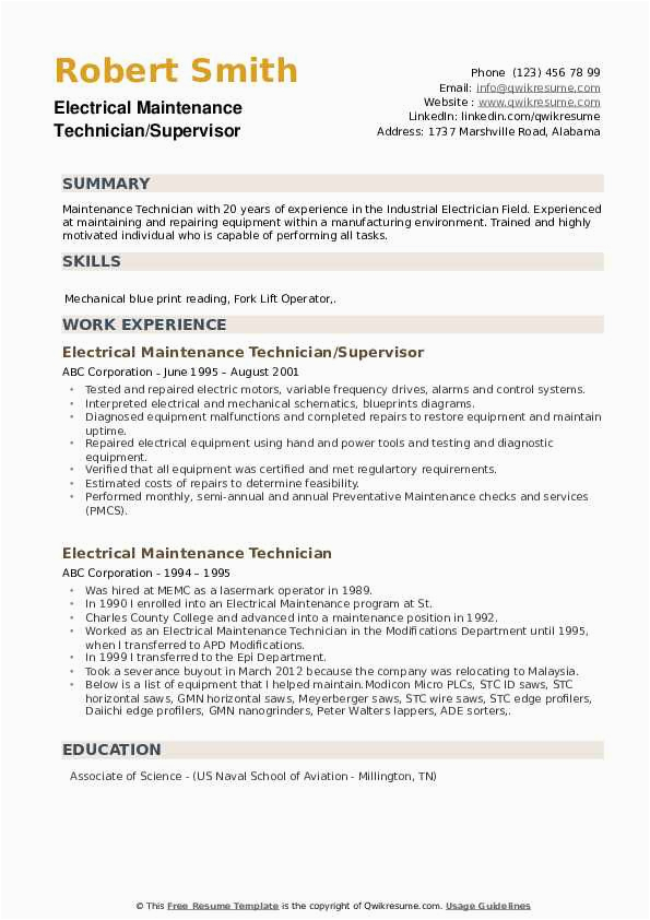 Sample Resume for Electrical Maintenance Technician Pdf Electrical Maintenance Technician Resume Samples
