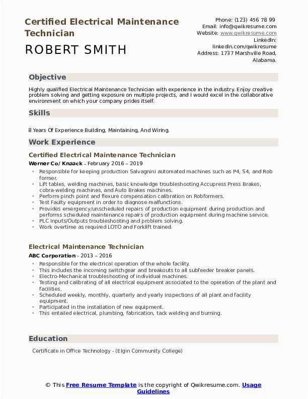 Sample Resume for Electrical Maintenance Technician Pdf Electrical Maintenance Technician Resume Samples