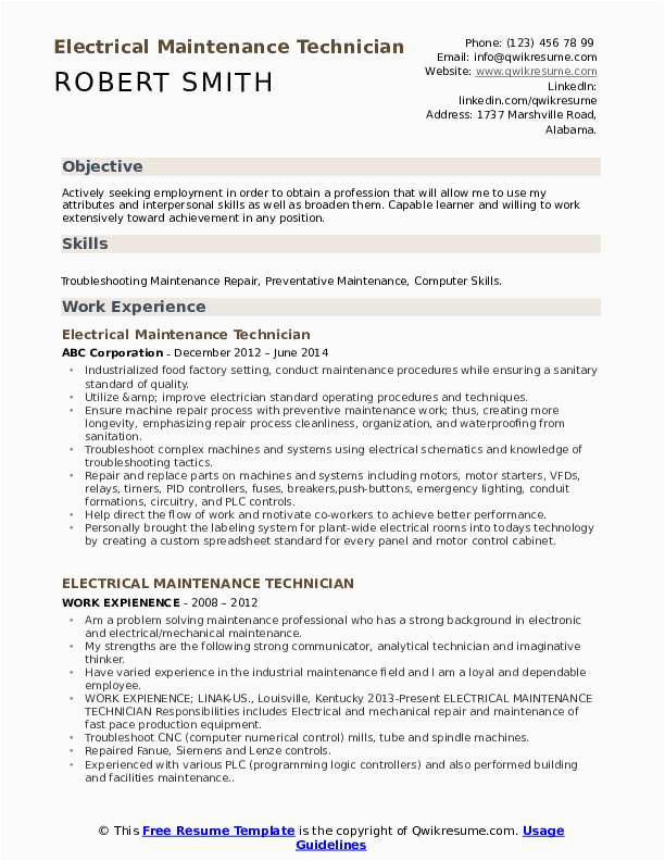 Sample Resume for Electrical Maintenance Technician Pdf Electrical Maintenance Technician Resume Samples