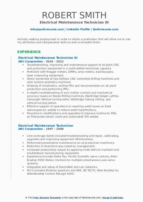 Sample Resume for Electrical Maintenance Technician Pdf Electrical Maintenance Technician Resume Samples