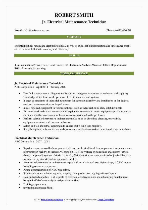 Sample Resume for Electrical Maintenance Technician Pdf Electrical Maintenance Technician Resume Samples
