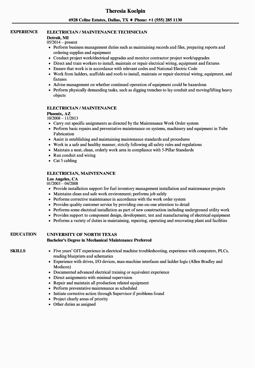 Sample Resume for Electrician In Maintenance Electrician Maintenance Resume Samples