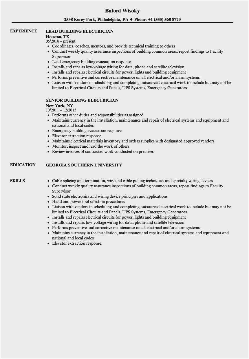 Sample Resume for Electrician In Maintenance Electrician Resume Sample New 53 Collections