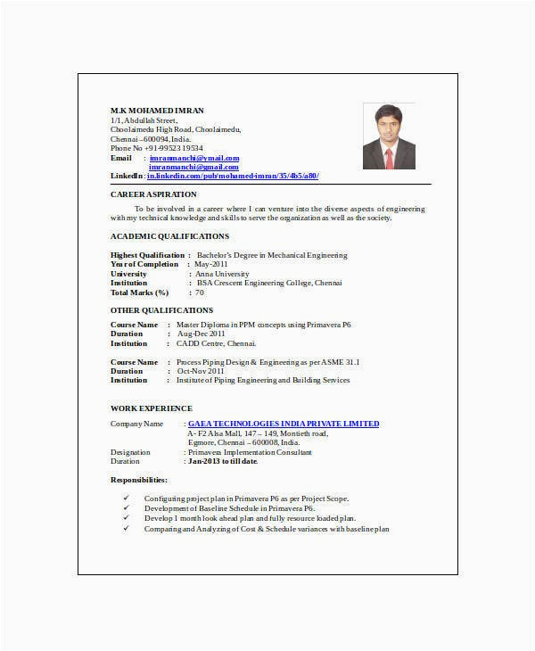 Sample Resume for Engineering Students India Resume for Mechanical Engineer In India