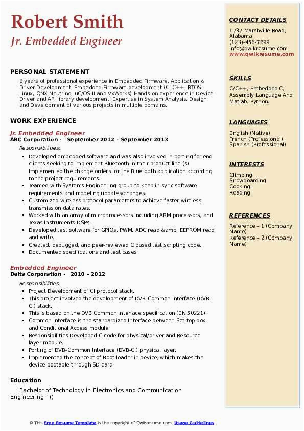 Sample Resume for Experienced Embedded Engineer Embedded Engineer Resume Samples