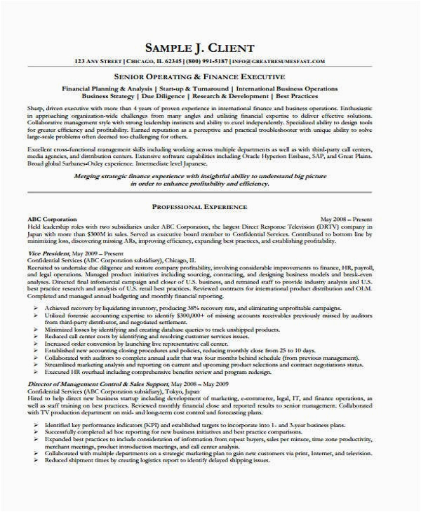 Sample Resume for Experienced Finance Executive 28 Finance Resumes In Pdf
