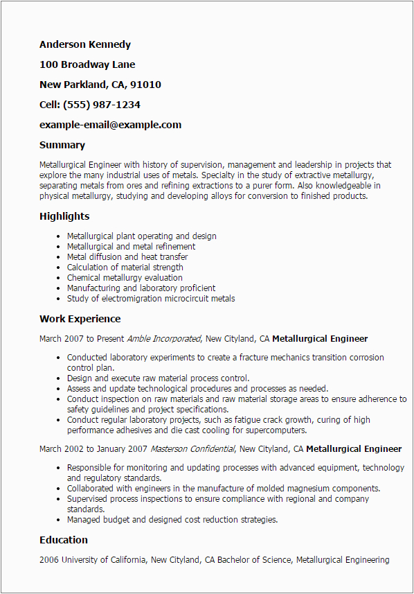 Sample Resume for Experienced Metallurgical Engineer Professional Metallurgical Engineer Templates to Showcase