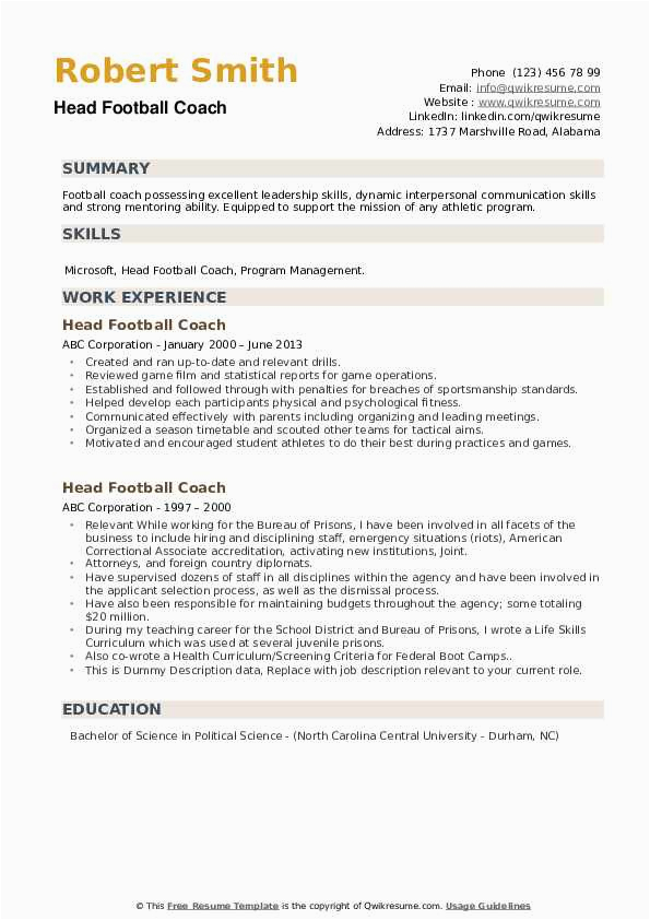 Sample Resume for Football Coaching Position Head Football Coach Resume Samples
