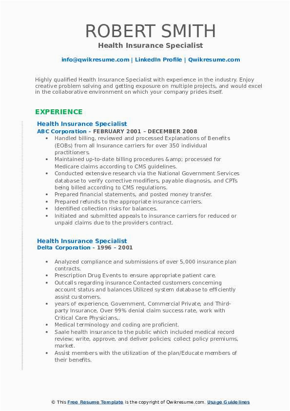 Sample Resume for Health Insurance Specialist Health Insurance Specialist Resume Samples